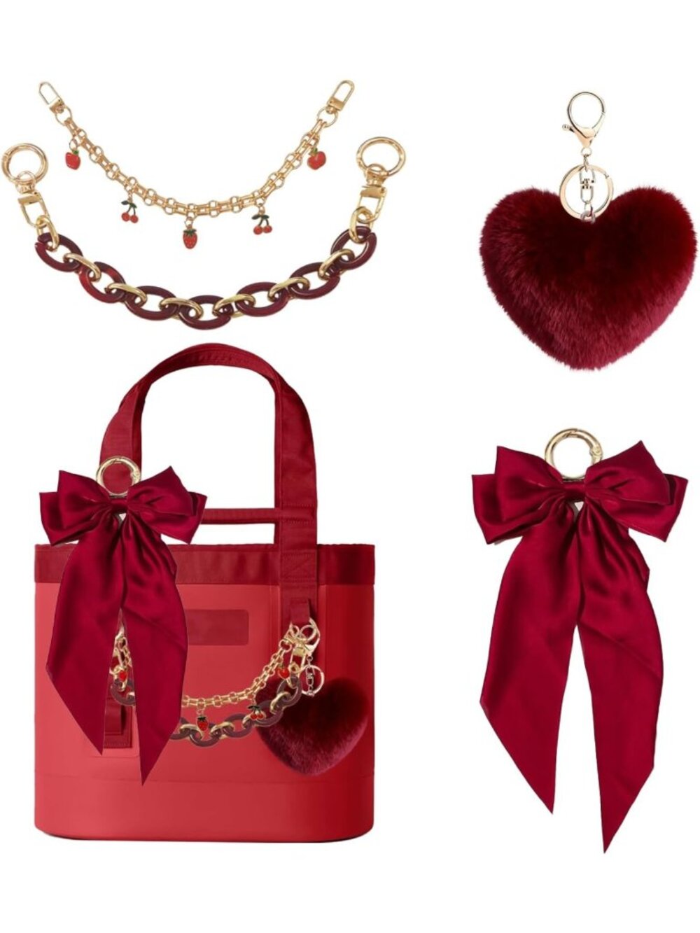 Satin Bow & Fluffy Ball Bag Charms for Tote Bags, Keychain Accessories for Women